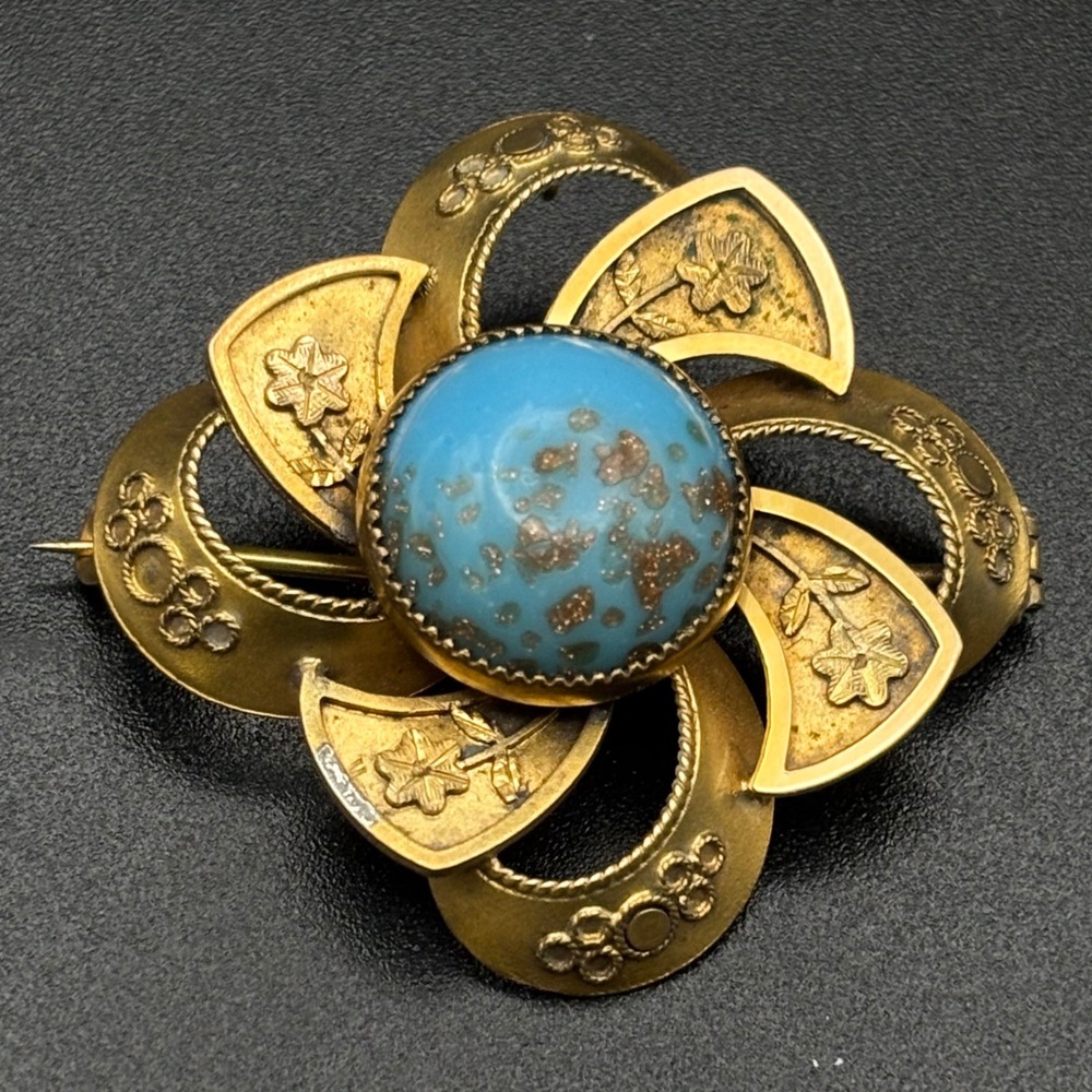 Vintage Victorian Brooch Gold Tone Blue Glass Copper Inclusion Floral 1.5"